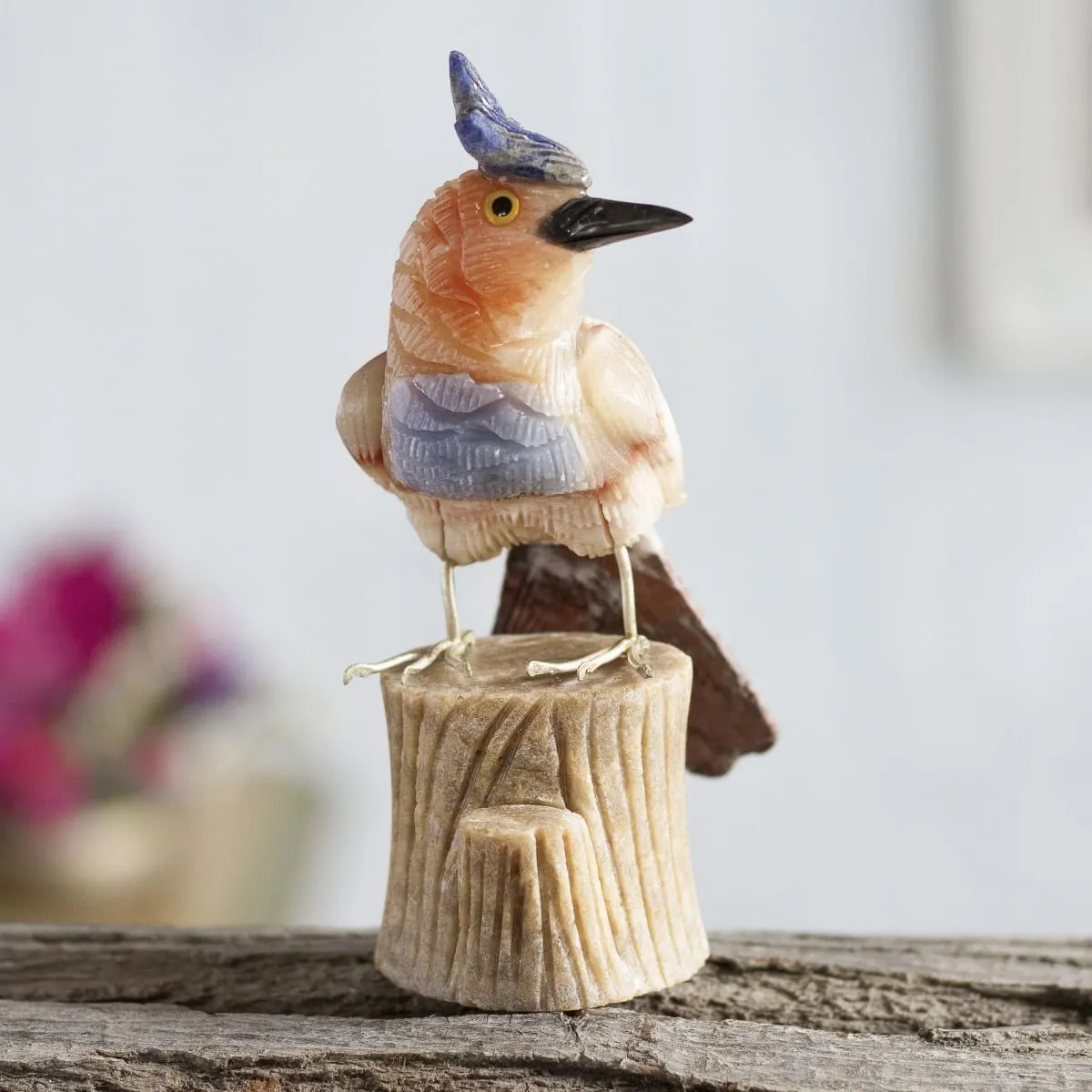 Novica Blue Crested Bird Calcite And Garnet Sculpture