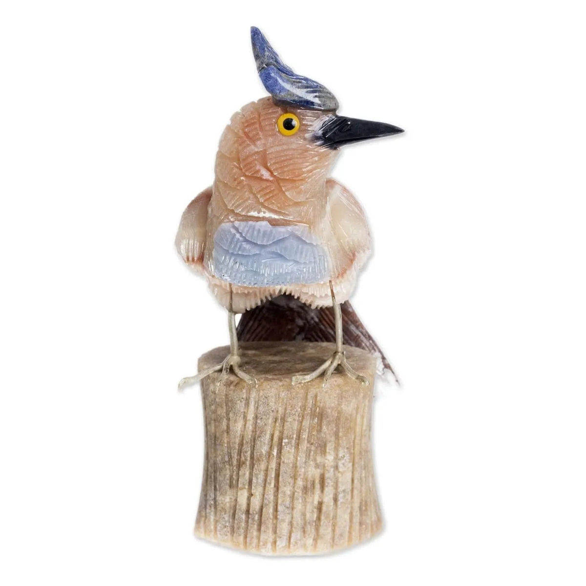 Novica Blue Crested Bird Calcite And Garnet Sculpture