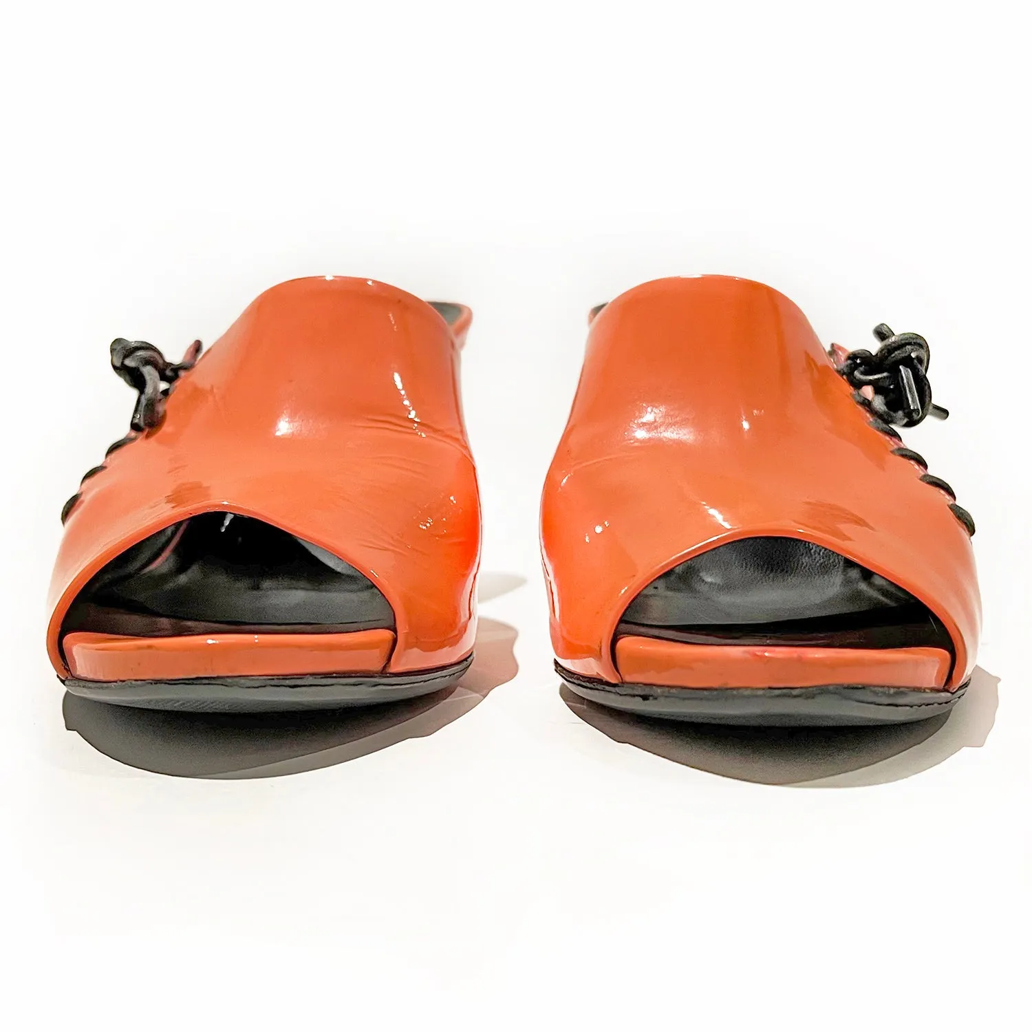 Orange Patent Leather Lace Accent Mules 38