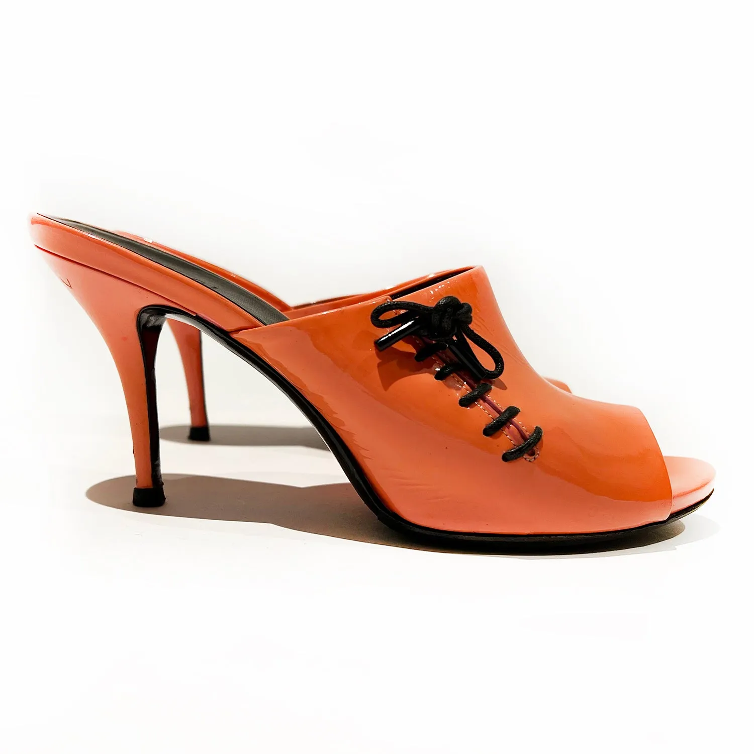 Orange Patent Leather Lace Accent Mules 38