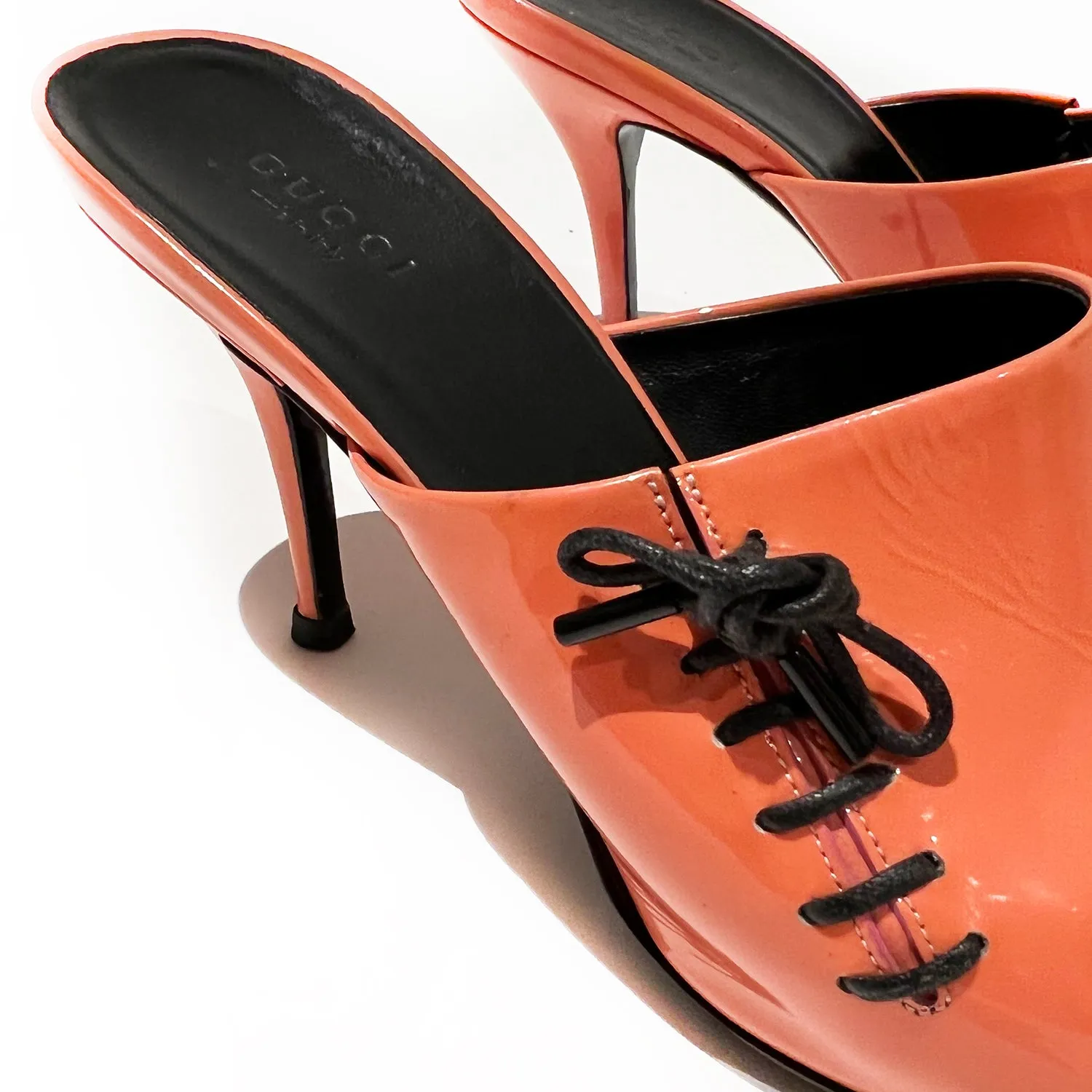 Orange Patent Leather Lace Accent Mules 38