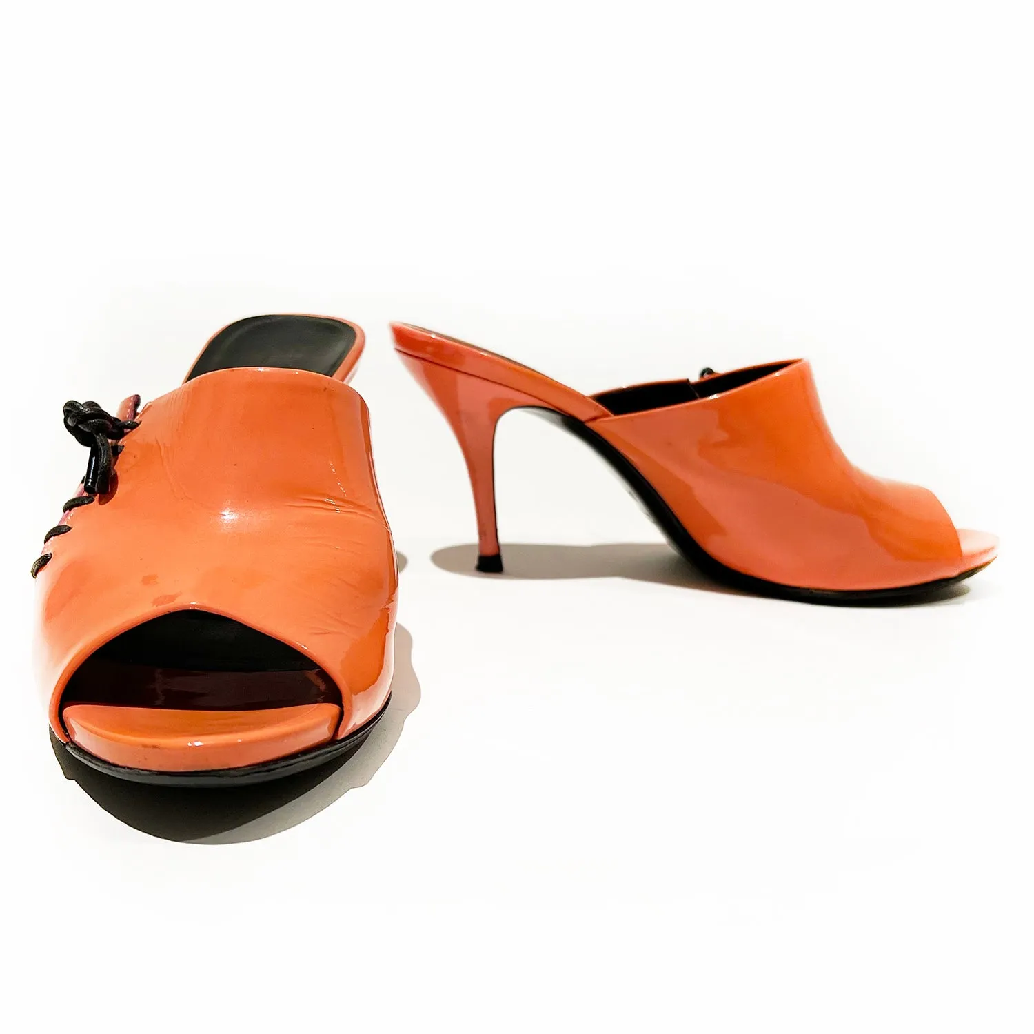 Orange Patent Leather Lace Accent Mules 38