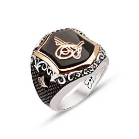 Ottoman Tughra on Black Onyx Stone Hexagon Silver Men’s Ring Siding Bush Pattern and Ottoman Tughra