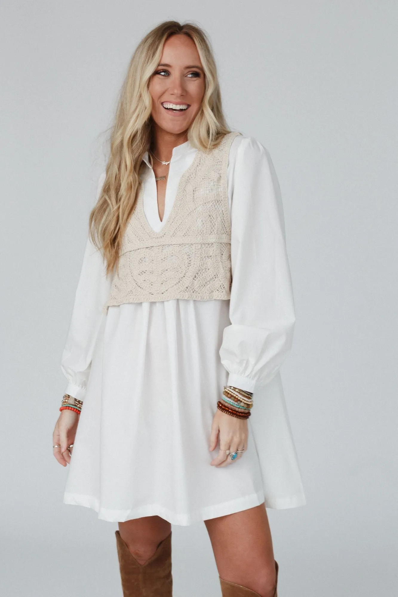 Sweet Edge Crochet Vest Tunic Dress - White