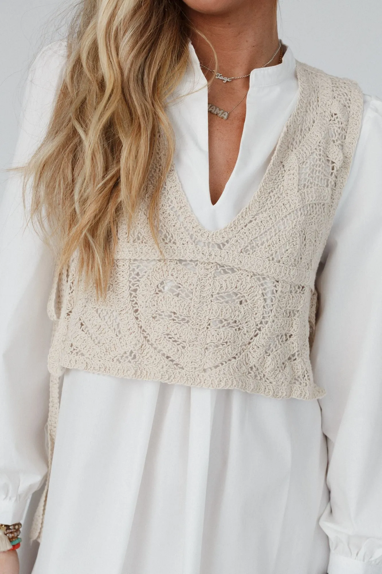 Sweet Edge Crochet Vest Tunic Dress - White