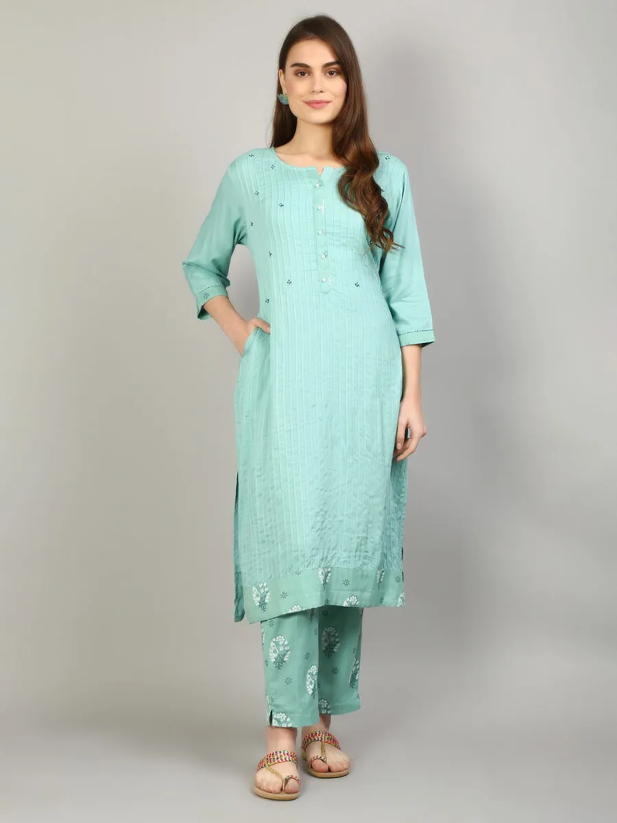 Women Aqua Blue Solid Kurta With Trouser