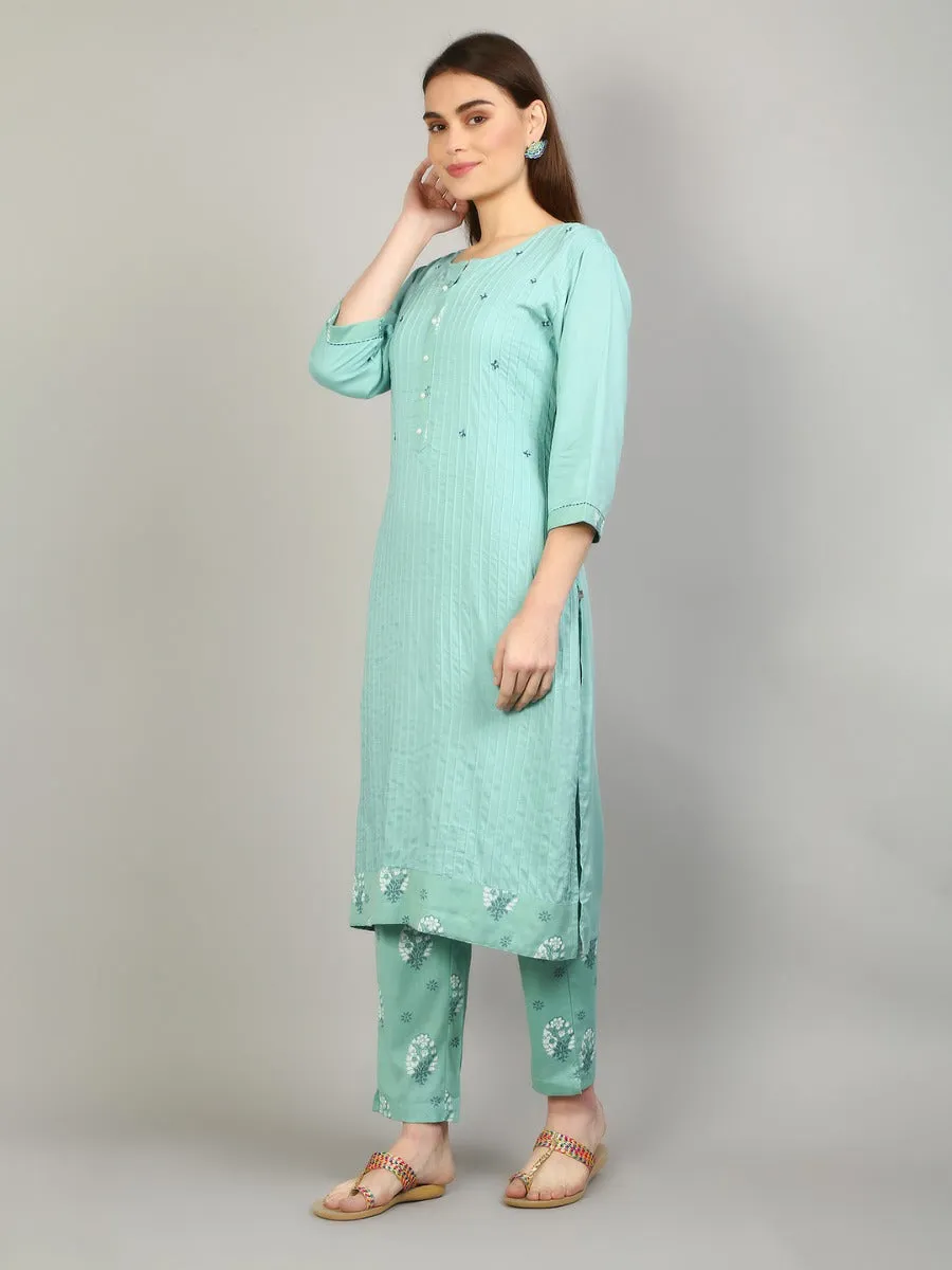 Women Aqua Blue Solid Kurta With Trouser