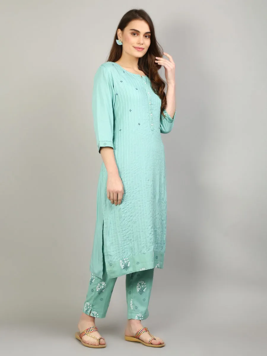 Women Aqua Blue Solid Kurta With Trouser