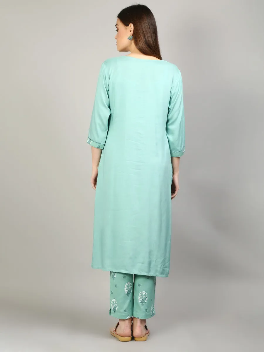 Women Aqua Blue Solid Kurta With Trouser